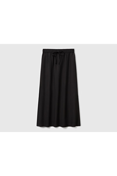 United Colors of Benetton Women's Black 100% Lyocell Long Skirt with Elastic Waist and Pockets