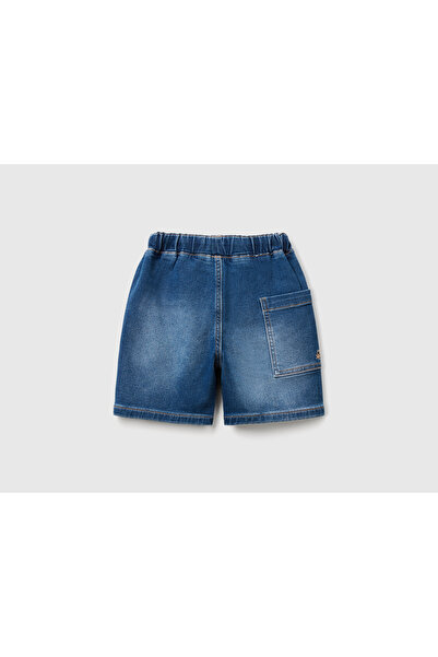 United Colors of Benetton Erkek Çocuk Koyu Denim Yan Cebi Logo İşlemeli Büzgü İpli Denim Bermuda Şort