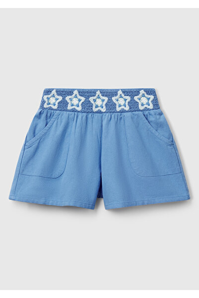 United Colors of Benetton Kız Çocuk Mavi Beli Makrome Çiçek Aplikeli Lastikli Regular Fit Şort