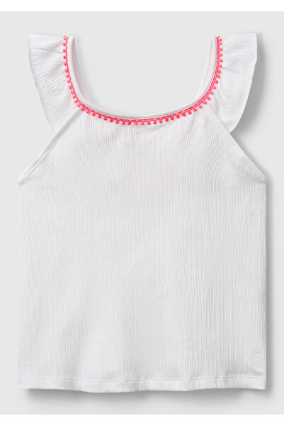United Colors of Benetton Girl's White Back Ring Detailed Logo Cross Strap Round Neck Tank Top