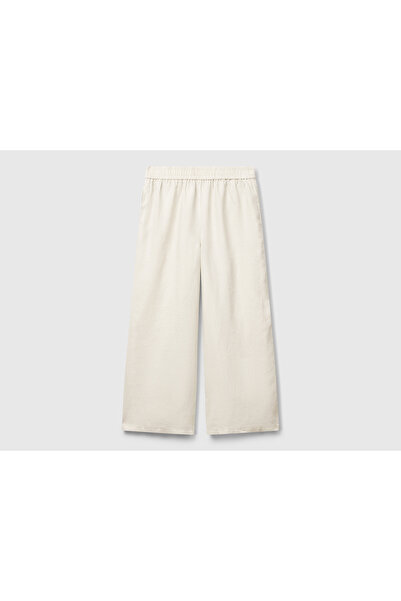 United Colors of Benetton Women's Stone Color 100% Linen Loose Short Leg Trousers with Elastic Waist
