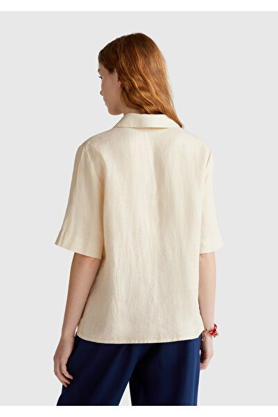 United Colors of Benetton Kadın Taş Rengi %100 Keten Relax Fit V Gömlek Yakalı Kısa Kollu Bluz