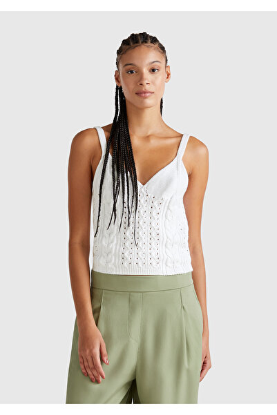 United Colors of Benetton Γυναικείο Λευκό %100 Βαμβάκι Πλεχτό Τοπ με Πλεξούδα