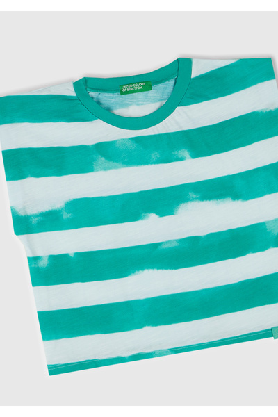 United Colors of Benetton Κοριτσίστικο πράσινο ριγέ λαιμόκοψη με λογότυπο με λεπτομέρεια αμάνικο μπλουζάκι