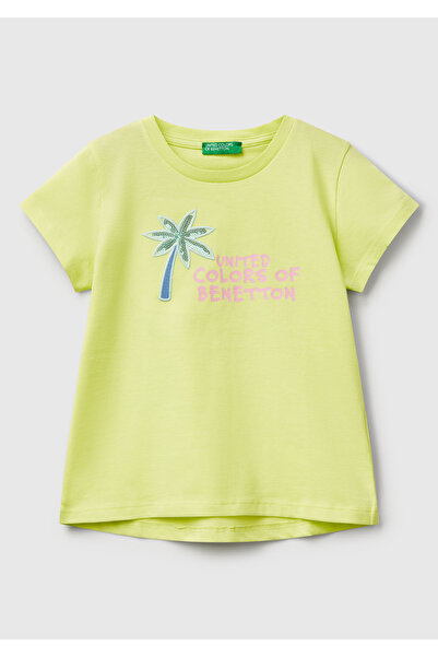 United Colors of Benetton Tricou pentru fetiță, galben cu sclipici, cu sigla ...
