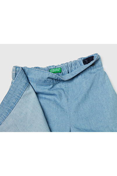 United Colors of Benetton Girl's Denim Snap Button Logo Embroidered Ruffled Front Chenille Shorts Skirt