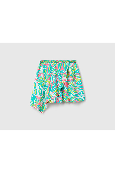 United Colors of Benetton Girl's Green 100% Viscose Patterned Asymmetrical Flared Skirt with Elastic Waist