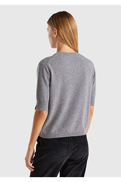 United Colors of Benetton Women's anthracite melange 100% merino crew neck short sleeve sweater