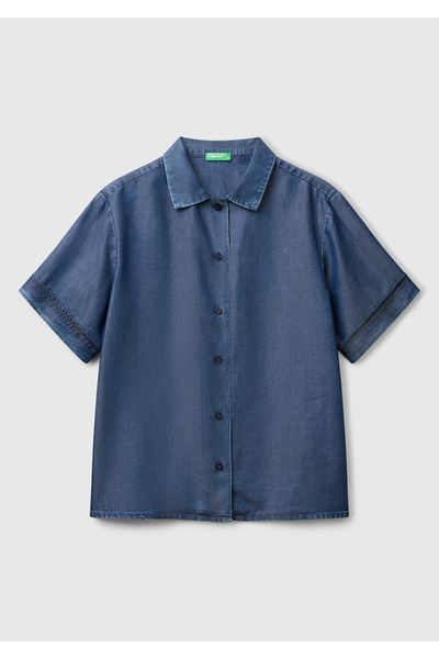 United Colors of Benetton Cămașă de damă albastru închis 100% Liyosel cu mânecă scurtă din denim