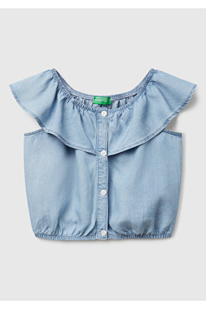 United Colors of Benetton Κοριτσίστικο τζιν 100% λιοξέλενο πουκάμισο με βολάν...