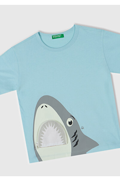 United Colors of Benetton Μπλουζάκι για αγόρια με τιρκουάζ 3D στάμπα με φάλαινα