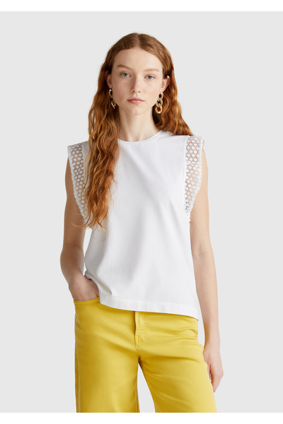 United Colors of Benetton Women's White Lace Detailed Sleeveless Stretchy T-Shirt