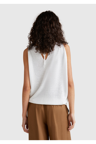 United Colors of Benetton Pulover de damă, alb, amestecat de in, tricotaj fără umeri