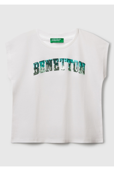 United Colors of Benetton Κοριτσίστικο μπλουζάκι με λευκό λογότυπο Benetton