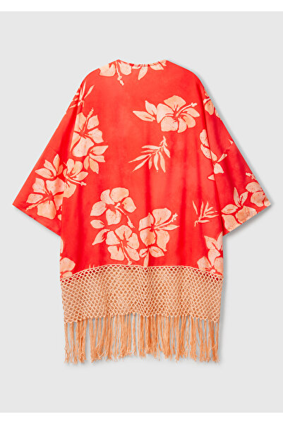 United Colors of Benetton Γυναικείο πορτοκαλί βαμβακερό και βισκοζέ με μοτίβο φούντα με λεπτομέρεια κιμονό