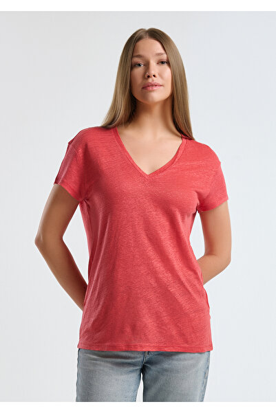 United Colors of Benetton Women's Coral 100% Linen Off Shoulder Relax Fit V-Neck T-Shirt
