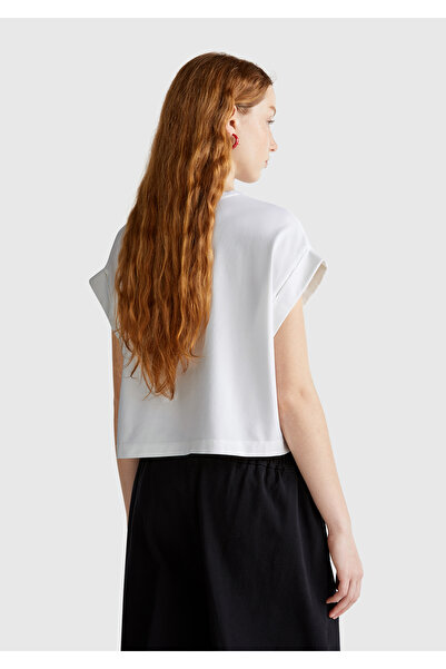 United Colors of Benetton Tricou elastic cu mânecă scurtă, cu dantelă albă, pentru femei