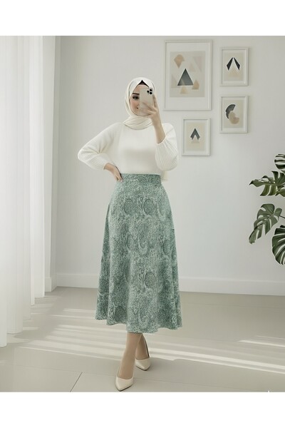 Modamorfo Elastic Waist Ethnic Pattern Flared Skirt - Green