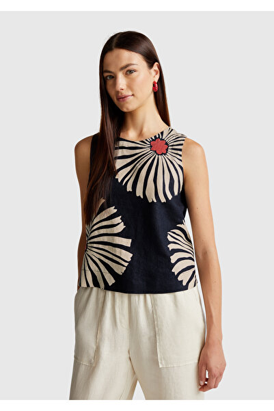 United Colors of Benetton Women's Navy Blue 100% Linen Patterned Sleeveless Blouse