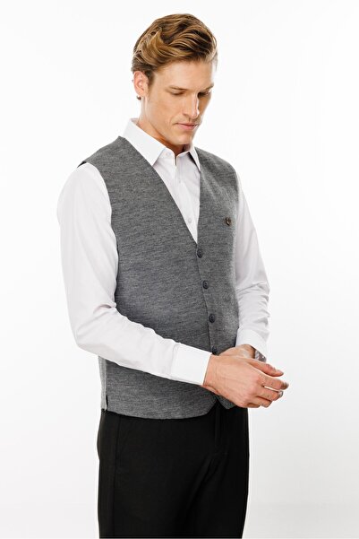 Desen Triko V-Neck Men's Wool Vest - O.Grey