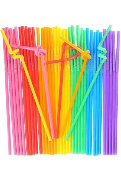 Parti dolabı 50li Ucu Kıvrımlı Pipet Körüklü Artistik Rengarenk Dönmeli Ayarlanabilir Sıvı Plastik Pipeti Kamış