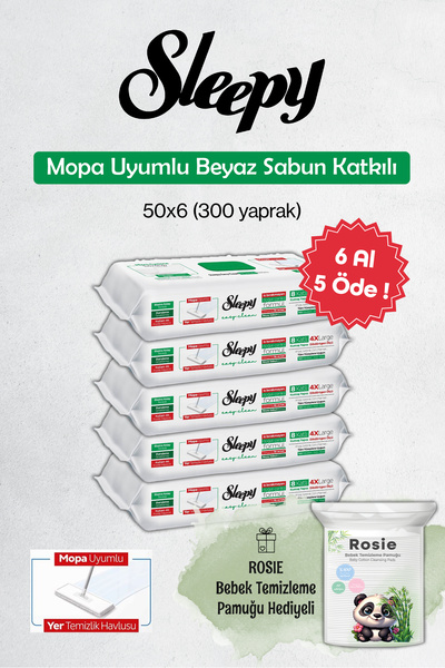 Sleepy 300 Yaprak 6 AL 5 ÖDE Beyaz Sabunlu Yer Temizlik Havlusu ve Rosie Pamuk