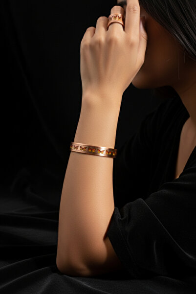 OSMANLI GÜMÜŞ Women's Copper Bracelet Ring Set - Zodia Model Special Edition Metal Box and Quartz Stone