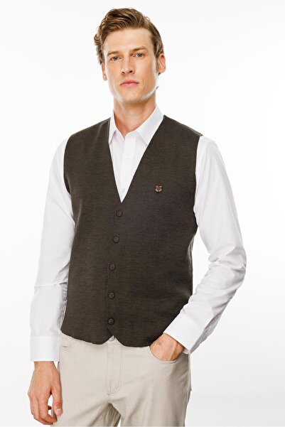 Desen Triko Чоловічий вовняний жилет з V-подібним коміром - коричневий A.Kahve