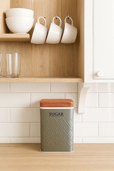 Arma House 1 Piece Seersucker Gray Candy Storage Box & Jar with Wooden Look Metal Lid 17*11*8 cm