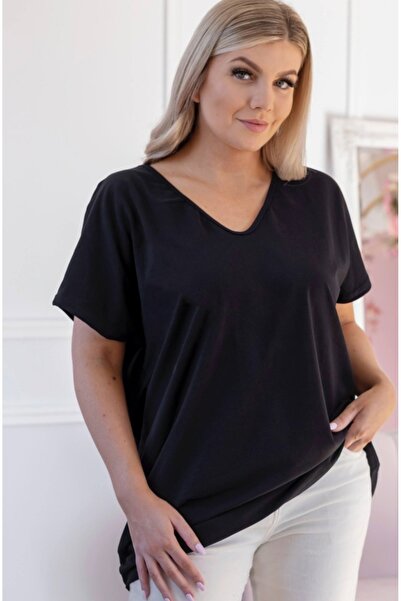 Barato Tricou premium din țesătură de bumbac cu decolteu în V Trend Plus Size