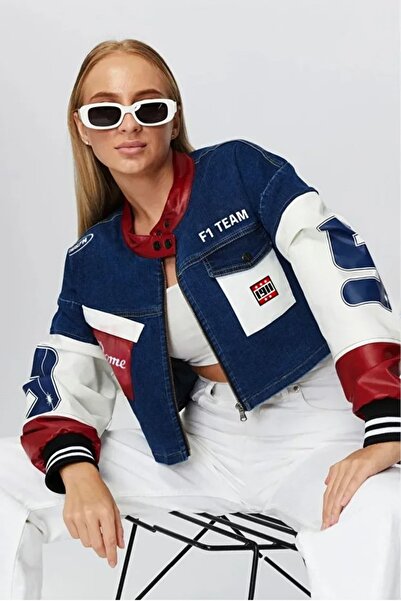 Black Level Kadın Oversize Kot Ceket Kolları Deri Garnili Fermuarlı Motorcu Montu Baskılı Yarışçı Kolej Ceket