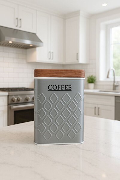 Arma House Wooden Look Metal Lid 1 Piece Seersucker Gray Coffee Storage Box & Jar 17*11*8 cm