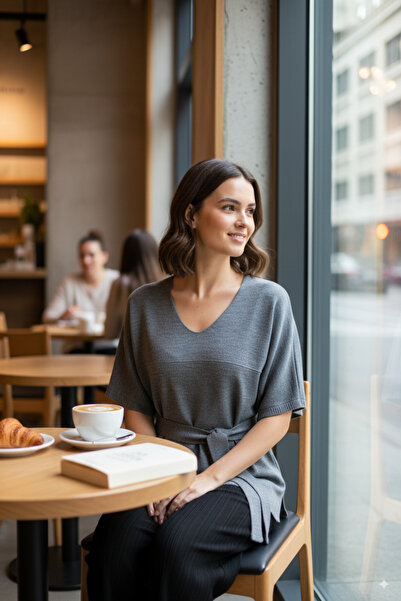 Oppland Women's Winter V-Neck Belted Waist Half Sleeve Lycra Woven Knitwear Shirt Top Sweater