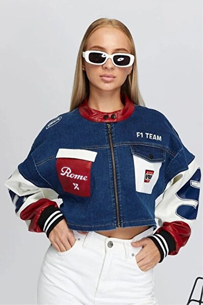 Black Level Kadın Oversize Kot Ceket Kolları Deri Garnili Fermuarlı Motorcu Montu Baskılı Yarışçı Kolej Ceket