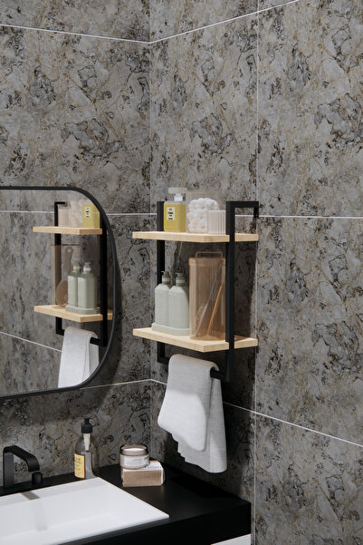 Phobia Duvara Monte Banyo Rafı Siyah Metal | 2 Katlı Havluluk ve Düzenleyici Organizer 40x20 cm