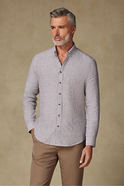 Abbate Sorento Linen Linen Comfort Fit Brown Button Collar Men's Striped Shirt