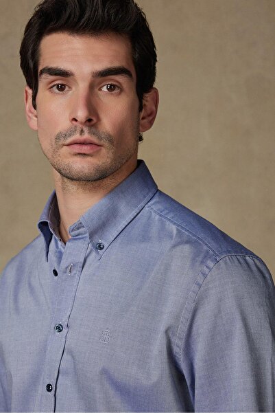 Abbate Мъжка риза Matteo Royal Oxford от памук с удобна кройка, тъмно синя, с копчета и яка