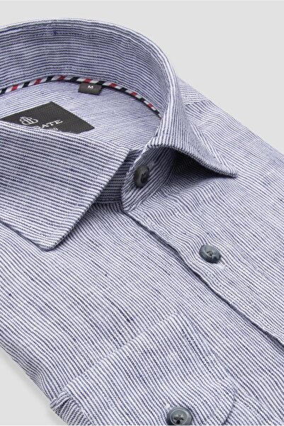 Abbate Lieno Linen Linen Comfort Fit Navy Blue Classic Collar Men's Striped Shirt