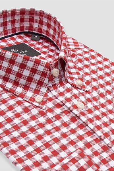 Abbate Lusso Twill Cotton Comfort Fit Red Button Collar Men's Checkered Shirt