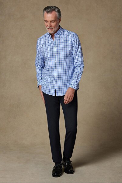 Abbate Данте Поплин Памук Комфортна кройка Светлосиня Риза с копчета и яка Мъжка карирана риза