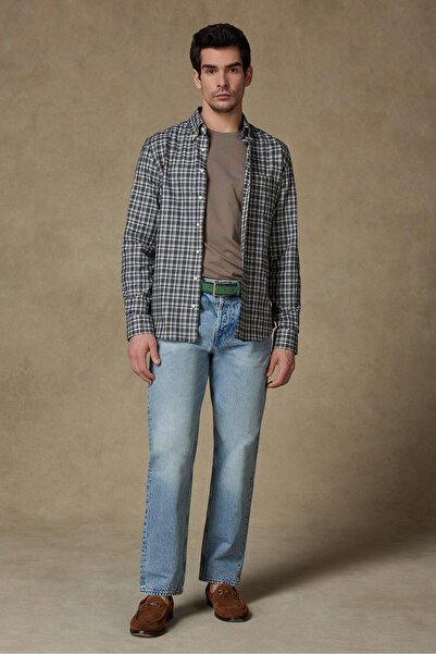 Abbate Ανδρικό πουκάμισο με καρό σχέδιο Aldomar Poplin Cotton Comfort Fit με πράσινο γιακά με κουμπιά