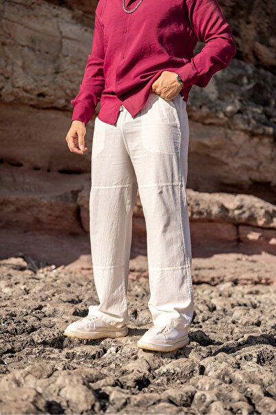 COMBİNE MİCHAİL Yeni Sezon Yazlık Rahat Kalıp Keten Erkek Beyaz Pantolon