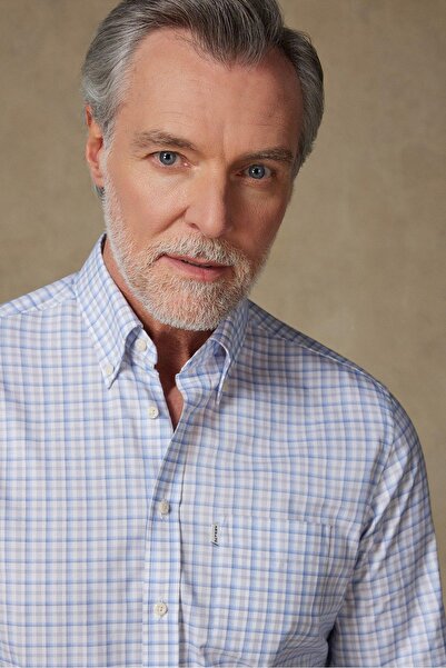 Abbate Aldomar Поплин памук Комфортна кройка Светлосиня Риза с копчета и яка Мъжка карирана риза