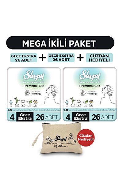 Sleepy Bio Natural Premium Plus Hijyenik Ped Mega Paket Gece Extra 26X2 (52 Adet) + Cüzdan Hediyeli