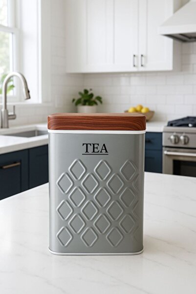 Arma House Ahşap Görünümlü Metal Kapaklı 1 Adet Gofreli Gri Çay Saklama Kutus...
