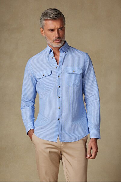 Abbate Alba Лляна бавовняна суміш Comfort Fit Синя сорочка з ґудзиками та коміром для чоловіків