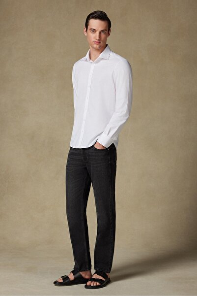 Abbate Флоренция Джърси памучна смес Комфортна кройка Бяла класическа яка Мъжка едноцветна риза