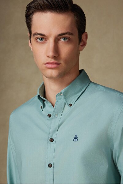 Abbate Ανδρικό πουκάμισο με κουμπιά σε ανοιχτό πράσινο χρώμα Mario Poplin Cotton Comfort Fit