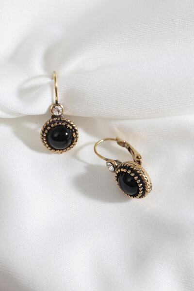 Süspüs Accessories SİYAH TAŞLI YUVARLAK OTANTİK KÜPE
