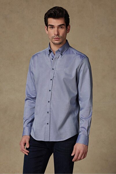 Abbate Matteo Royal Oxford Cotton Comfort Fit Dark Blue Button-Down Collar Men's Solid Shirt